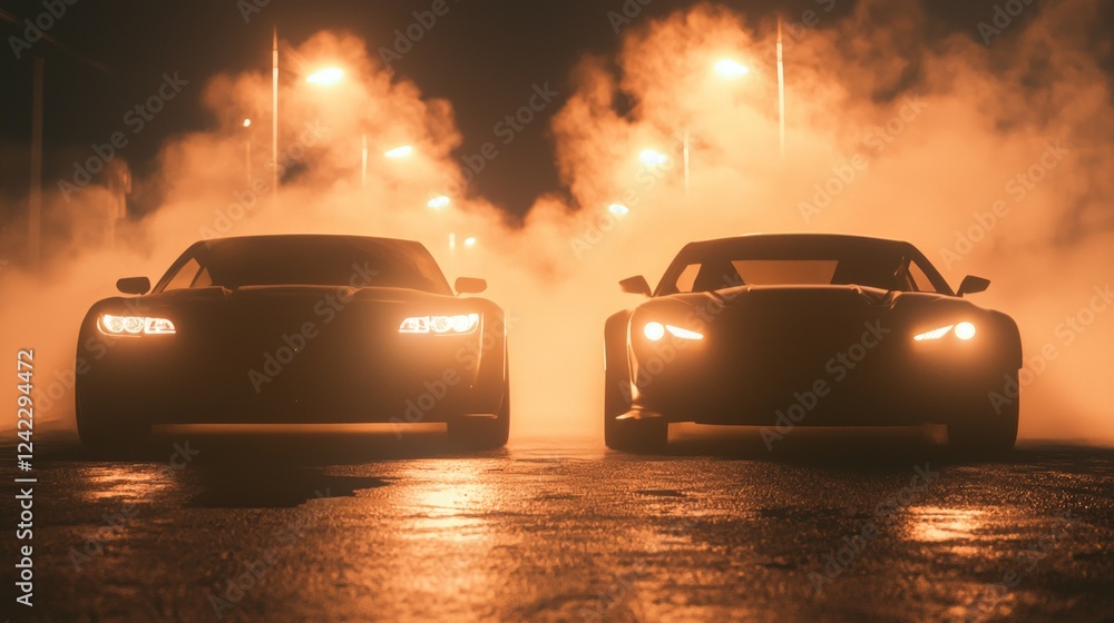 Two Modified Hatchbacks Lined Up at Night in Foggy Atmosphere Two Modified Hatchbacks Lined Up at Night in Foggy Atmosphere