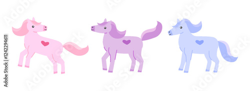 Flat cartoon illustration of horse standing in profile different poses pastel colors, pink, purple, blue set. Simple shapes and clean design make it suitable for icons, logos, or educational materials