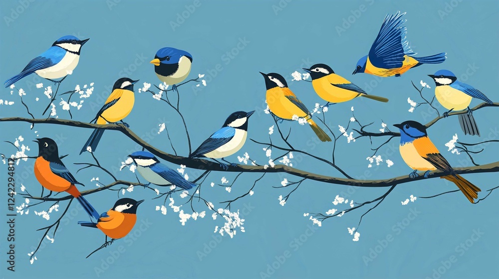 Fototapeta premium Cute Cartoon Birds on Tree Branches Vector Illustration for Nature Inspired Card Design