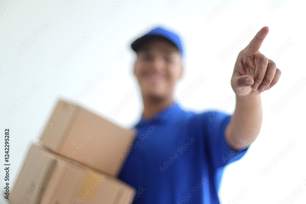 Deliveryman in Blue Uniform Ringing a Doorbell With Boxes in Hands Deliveryman in Blue Uniform Ringing a Doorbell With Boxes in Hands