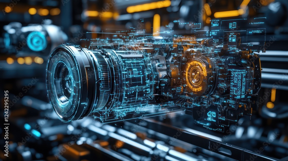 Fototapeta premium Futuristic camera with digital overlay.