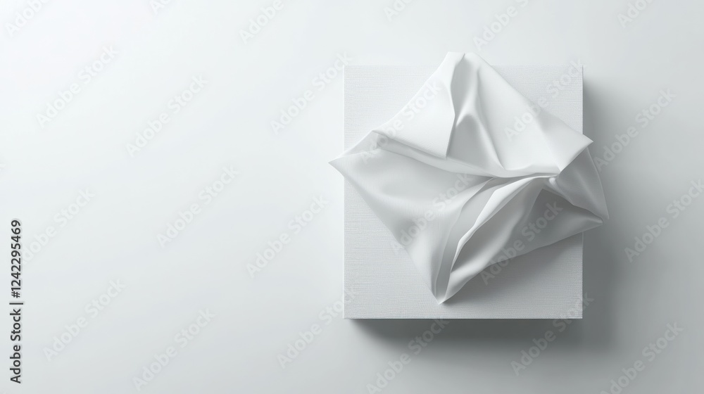 White fabric draped on cube, minimalist background, product display White fabric draped on cube, minimalist background, product display