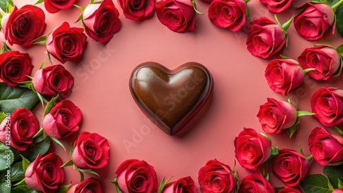 Heart shaped chocolate surrounded by red roses on pink background for Valentine's Day, Valentine, gift, heart shaped