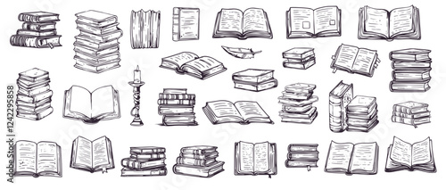 Doodle books set. Hand drawn library, literature education and learning concept. Old medieval book pile, stack vector illustration