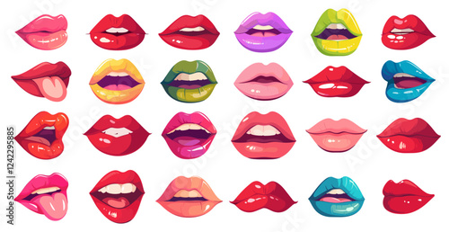 Cartoon woman lips set. Female mouth with lipstick smile, kiss, tongue, love valentine day vector illustration
