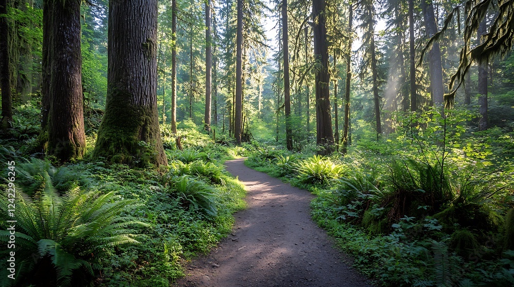 Fototapeta premium green forest with tall trees and sunlight filtering through the dense canopy. A narrow dirt path winds through the woods, surrounded by vibrant ferns and moss-covered rocks. The air appears 