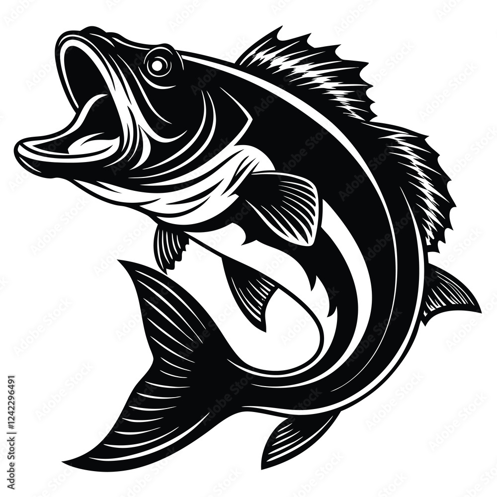 Fototapeta premium A Detailed Black and White Illustration of a Fish Leaping Out of the Water with Its Mouth Open, Capturing the Dynamic Motion and Energy in a Bold, Stylized Design