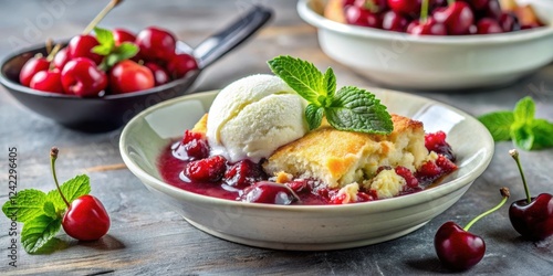 Wallpaper Mural Delicious cherry cobbler with vanilla ice cream, topped with fresh cherries and mint leaves ,  dessert, cherry, cobbler Torontodigital.ca