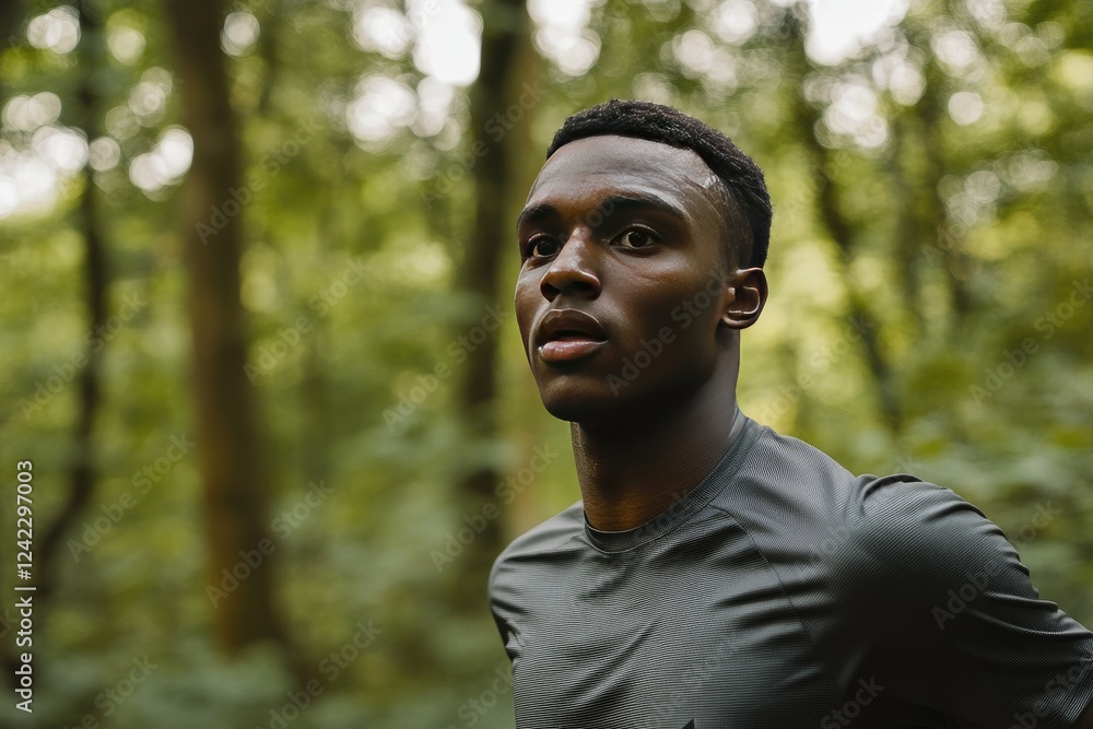 A young man runs through a verdant forest A young man runs through a verdant forest