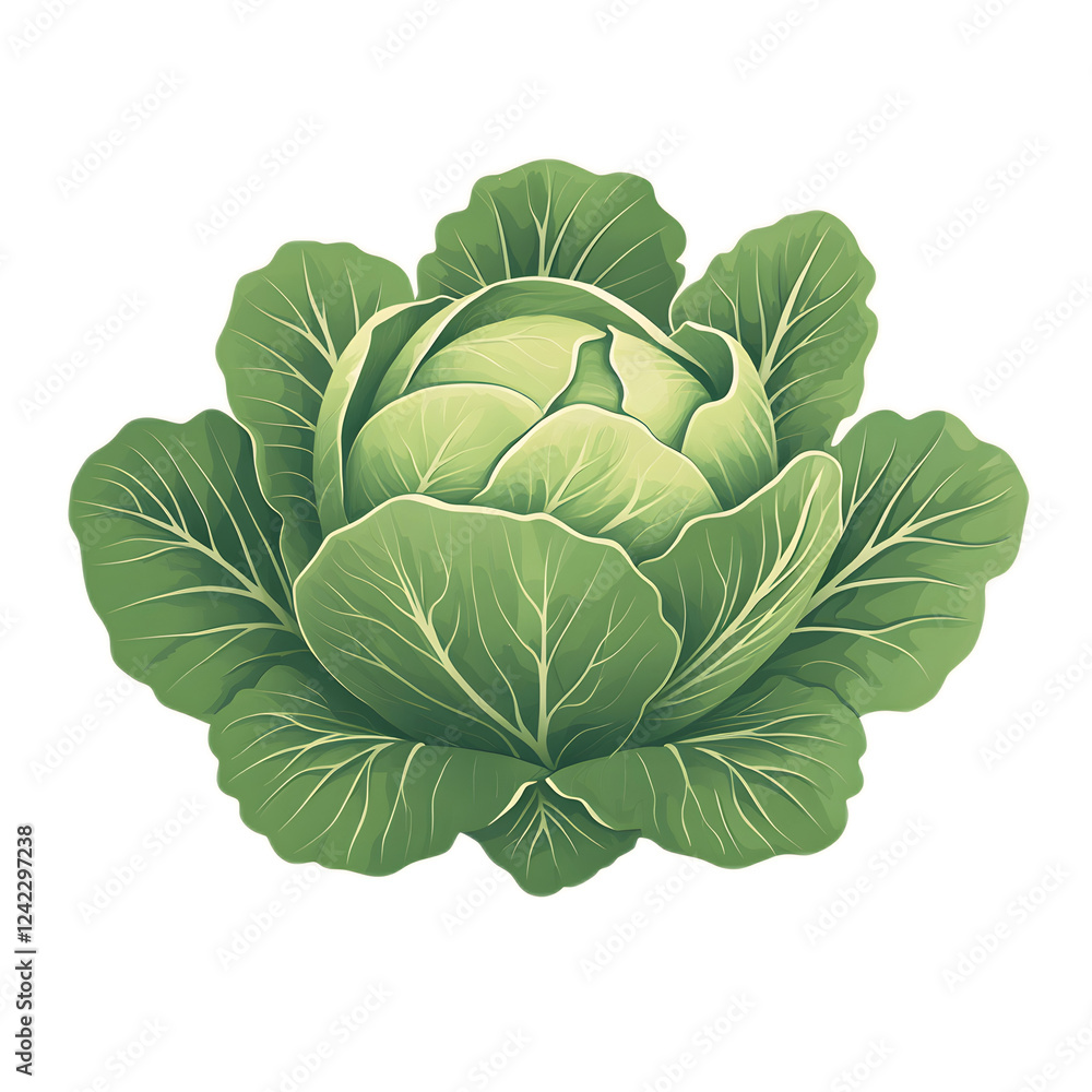 Obraz premium A detailed illustration of a fresh green cabbage with large, vibrant leaves against a black background