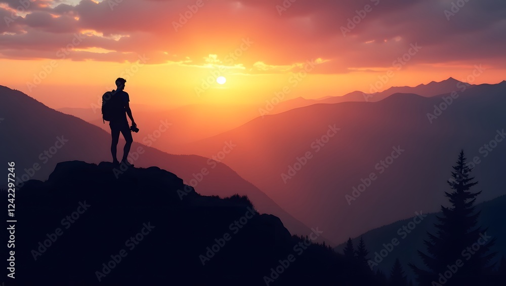 Fototapeta premium Sunset Hiker: Silhouetted hiker on mountain peak at sunset, enjoying breathtaking panoramic view of majestic mountain range. 
