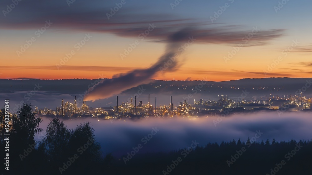 Industrial Refinery at Dusk with Illuminated Towers and Vapor Emissions Industrial Refinery at Dusk with Illuminated Towers and Vapor Emissions