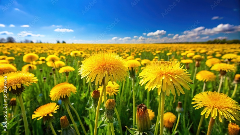 Obraz premium Field filled with bright yellow dandelions under a clear blue sky, nature, flowers, dandelions, field, meadow, blue sky