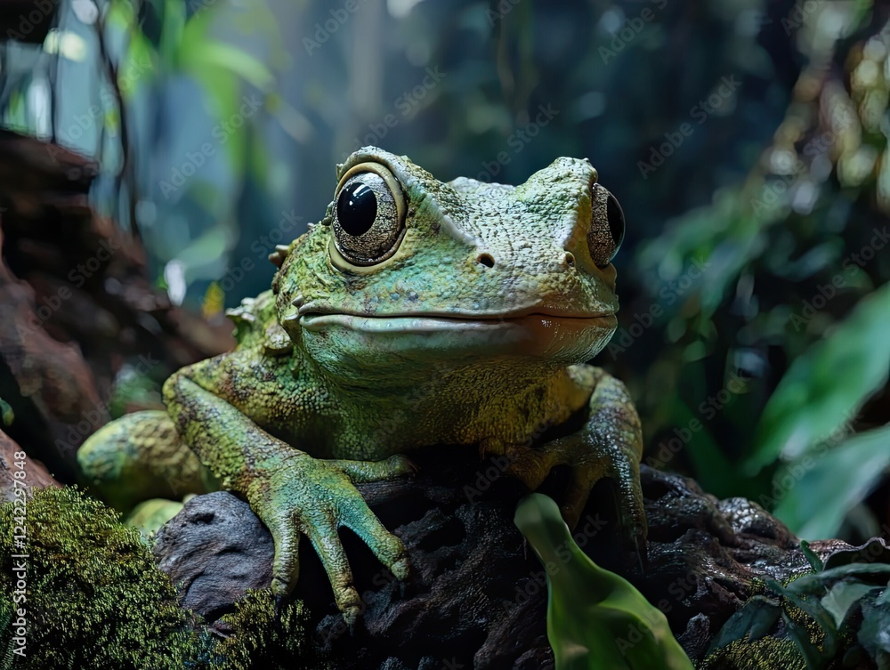 Portrait of a Green Frog in a Tropical Rainforest Environment with lush foliage Portrait of a Green Frog in a Tropical Rainforest Environment with lush foliage