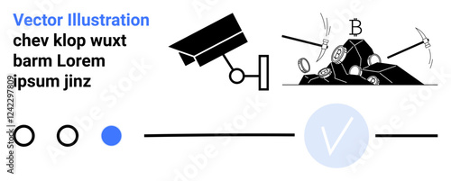 Surveillance camera observing mining equipment extracting cryptocurrency, digital transaction checkmark. Ideal for concepts of security, monitoring, cryptocurrency, blockchain, data protection