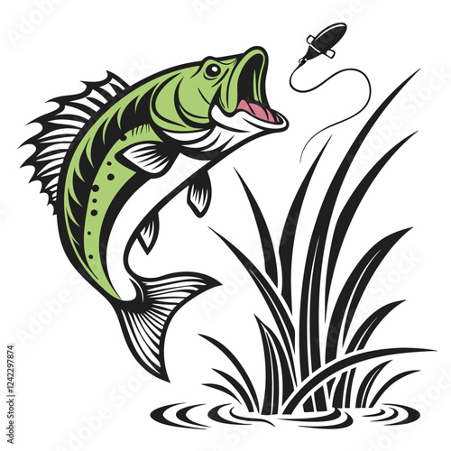 A Striking Illustration of a Green Fish Leaping from the Water with Its Mouth Open Towards a Lure, Surrounded by Flowing Grasses and Gentle Ripples in the Water