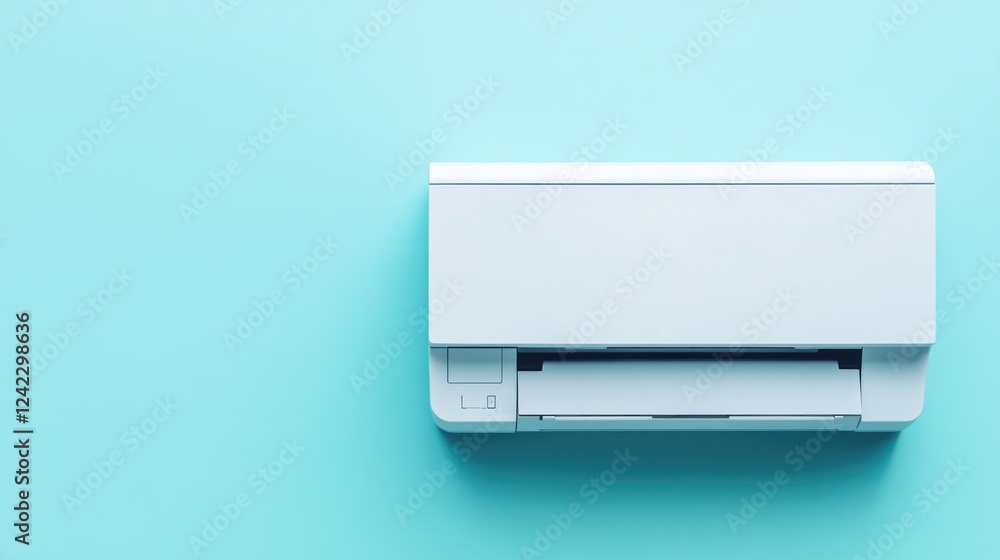 White air conditioner on blue background, cooling, home, technology White air conditioner on blue background, cooling, home, technology