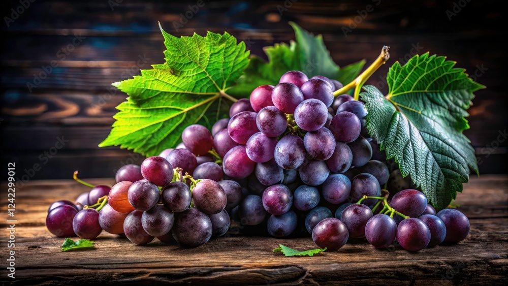 Night Photography of Juicy Purple Grapes with Lush Green Leaves on a Rustic Wooden Surface for Vibrant Fruit Still Life Imagery Night Photography of Juicy Purple Grapes with Lush Green Leaves on a Rustic Wooden Surface for Vibrant Fruit Still Life Imagery