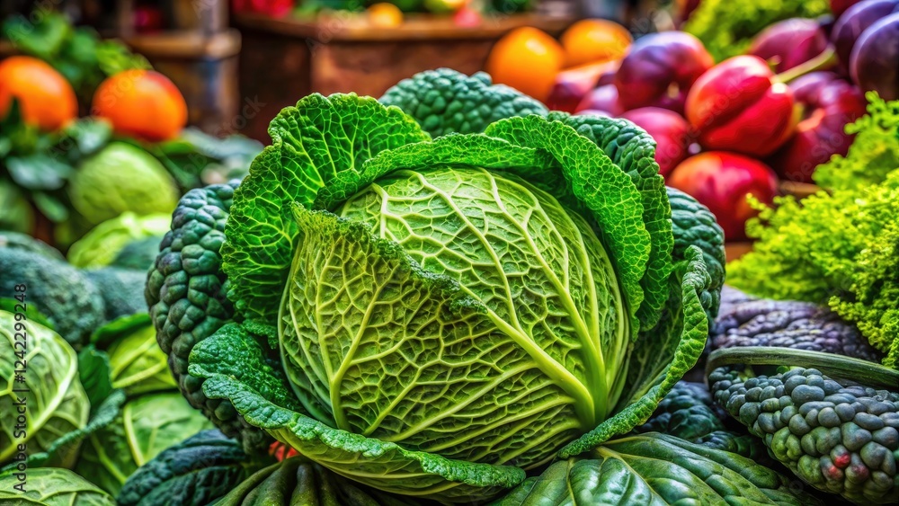 Fototapeta premium Fresh Round Cabbage on Market Stall - Closeup of Retail Display, Organic Produce, Vibrant Green Vegetables, Healthy Eating, Culinary Ingredients, Farm Fresh, Market Scene