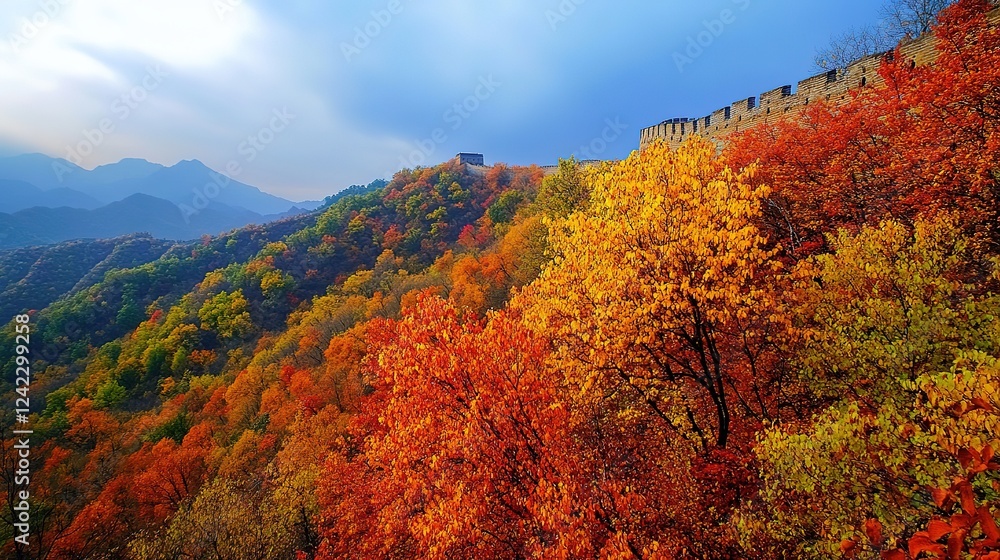 Breathtaking Sunrise Over the Great Wall of China Amidst Vibrant Autumn Foliage Breathtaking Sunrise Over the Great Wall of China Amidst Vibrant Autumn Foliage