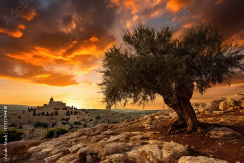 Monks of Mar Elias Monastery cultivate olive trees for oil production beneath stunning Jerusalem sunset clouds