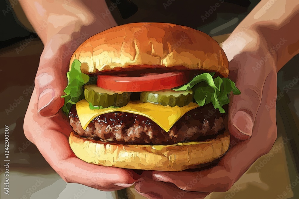 Two hands hold a hearty burger topped with lettuce, cheese, tomato, and pickles Two hands hold a hearty burger topped with lettuce, cheese, tomato, and pickles