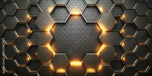 Hexagonal abstract metal background with soft glowing light ,  metallic, geometric, hexagon, abstract, pattern, texture