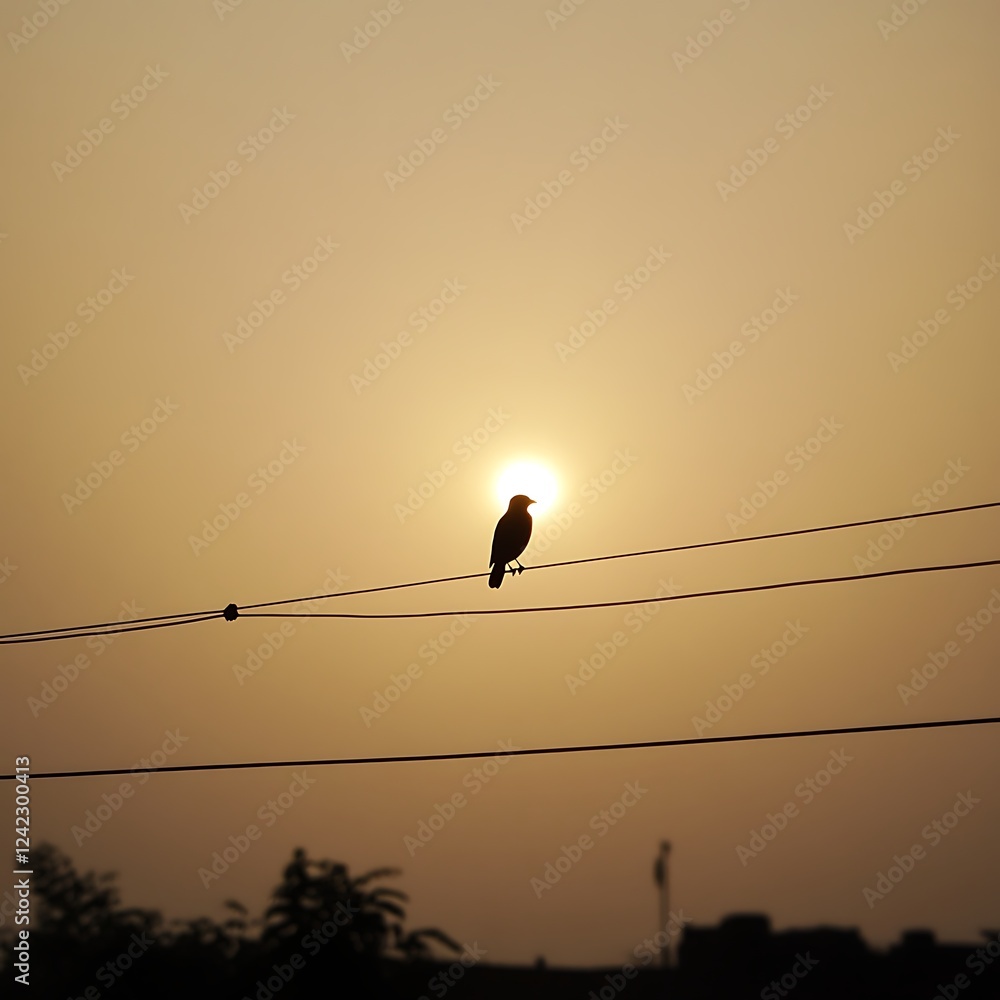 A lone bird perched on a telephone wire A lone bird perched on a telephone wire