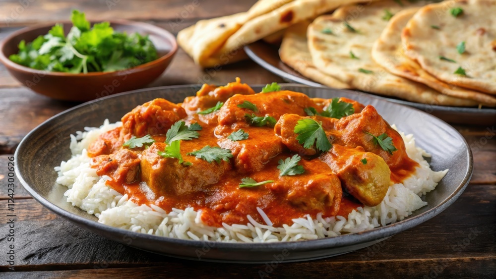 Close up of a plate of delicious chicken tikka masala served with rice and naan bread , Indian food, spicy, creamy Close up of a plate of delicious chicken tikka masala served with rice and naan bread , Indian food, spicy, creamy