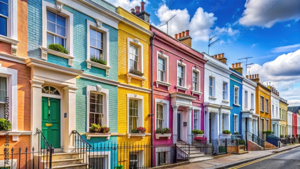 Fototapeta premium Brightly colored houses lining Portobello Road in London , Portobello Road, houses, architecture, colorful, vibrant, street