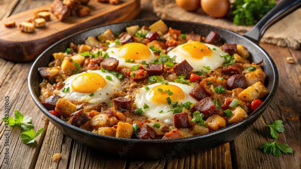 A delicious homemade hearty breakfast skillet with crispy bacon, fluffy eggs, savory sausage, and golden hash browns A delicious homemade hearty breakfast skillet with crispy bacon, fluffy eggs, savory sausage, and golden hash browns