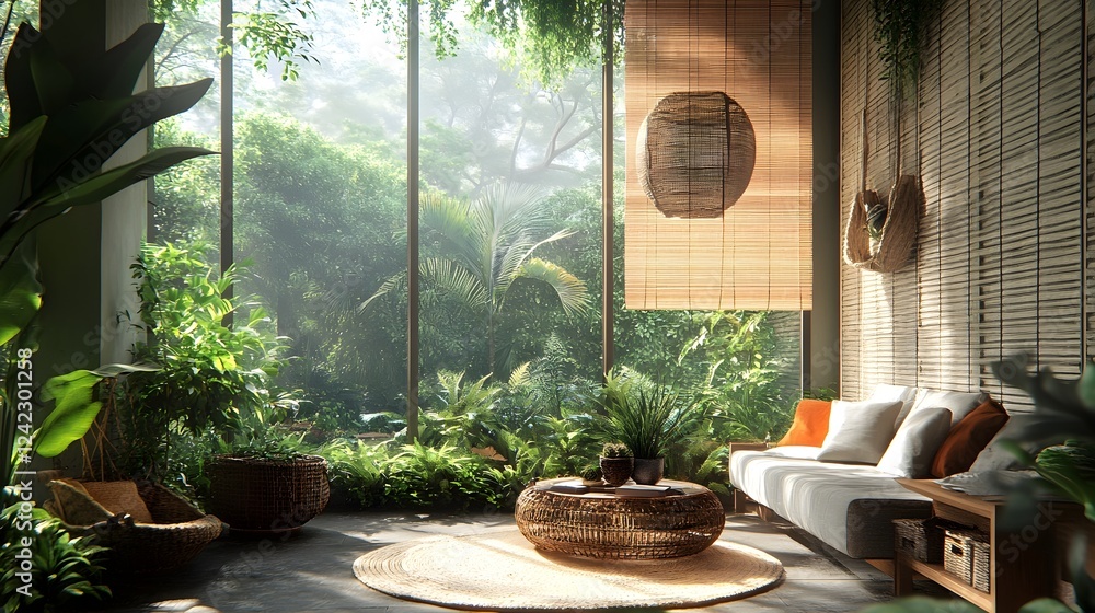 Cozy and inviting tropical inspired indoor living space surrounded by lush verdant foliage and natural rattan bamboo and wicker furnishings Cozy and inviting tropical inspired indoor living space surrounded by lush verdant foliage and natural rattan bamboo and wicker furnishings