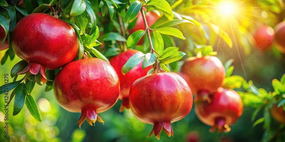 Ripe Red Pomegranate Fruit on Lush Green Tree - A Bokeh Effect Harvest Scene Capturing Nature's Bounty and Vibrant Colors in a Serene Garden Setting Ripe Red Pomegranate Fruit on Lush Green Tree - A Bokeh Effect Harvest Scene Capturing Nature's Bounty and Vibrant Colors in a Serene Garden Setting
