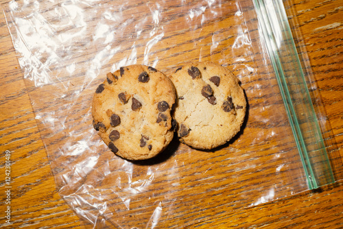 Overhead flash view of two chocolate chip cookies on plastic bag photo