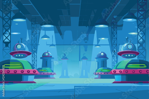 A futuristic, alien-populated sci-fi manufacturing plant, showcasing advanced technology and intricate machinery.  Gleaming metal, vibrant alien flora, and complex robotic arms are visible.