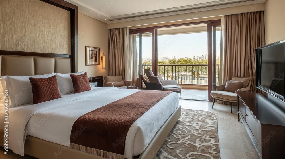 A luxury apartment room with a king bed- balcony- chairs- and a television. A luxury apartment room with a king bed- balcony- chairs- and a television.