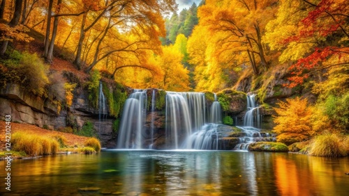Autumn landscape featuring yellow trees surrounding a tranquil waterfall, autumn, landscape, beautiful, yellow trees, waterfall