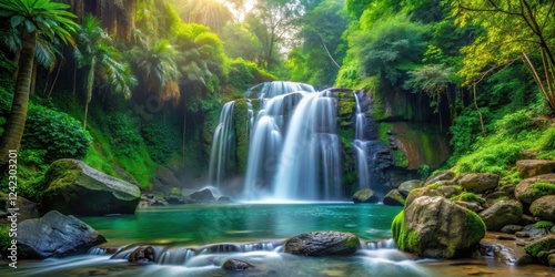 Serene and tranquil scene of a stunning lush waterfall cascading down rocks in a tropical forest ,  lush, beautiful, waterfall