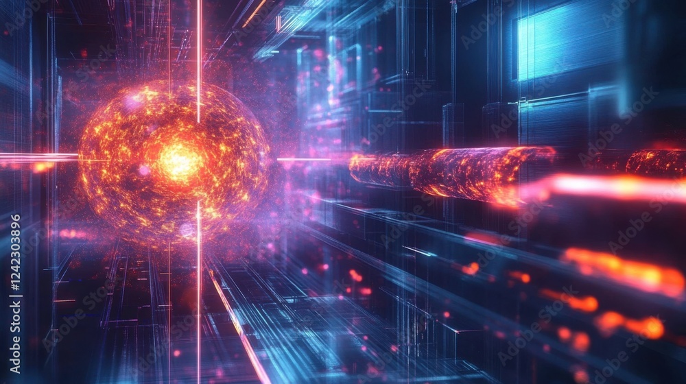 Fototapeta premium Quantum Experiment with Laser Beams Creating Glowing Patterns in Scientific Lab