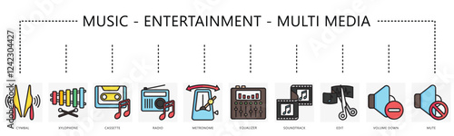 Music, multimedia, entertainment set icon, contain cymbal, xylophone, cassette, equalizer, metronome, soundtrack, volume, radio and more. vector EPS 10. use for print, UI, UX, app and web development.