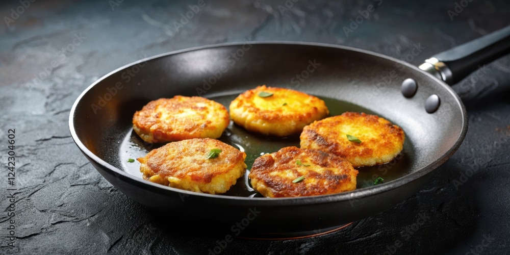 Fritters frying on a sizzling hot non-stick frying pan, fritters, frying, hot, sizzling, non-stick, pan, oil, crispy Fritters frying on a sizzling hot non-stick frying pan, fritters, frying, hot, sizzling, non-stick, pan, oil, crispy