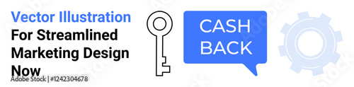 Key, blue speech bubble with Cash Back text, and gear symbol emphasize simplicity, value, and functionality. Ideal for finance, rewards, business tools, customer incentives marketing simplicity