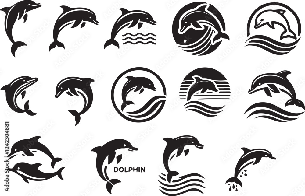Dolphin Silhouette Vector Icon Set – Minimalist Marine Animal Icons in Black on White Dolphin Silhouette Vector Icon Set – Minimalist Marine Animal Icons in Black on White