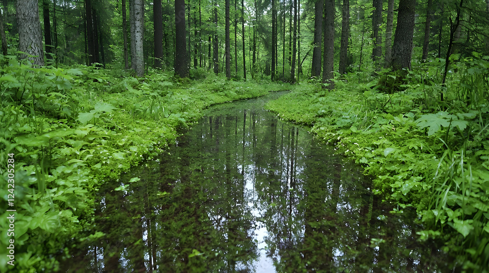 Tranquil forest stream, lush greenery, calm reflection, nature scene, ideal for relaxation Tranquil forest stream, lush greenery, calm reflection, nature scene, ideal for relaxation