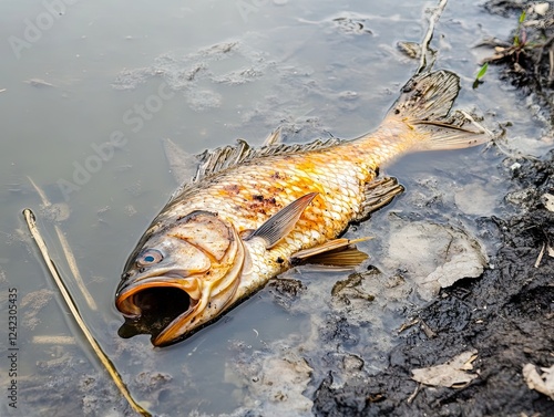 Dead fish floats lifelessly in a murky pond, a stark image of pollution photo