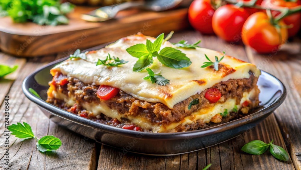 Delicious moussaka freshly baked with layers of eggplant, meat, and creamy b?chamel sauce , homemade Delicious moussaka freshly baked with layers of eggplant, meat, and creamy b?chamel sauce , homemade