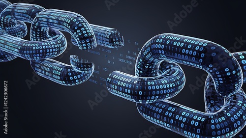 A 3D rendering shows a chain of binary code links breaking apart, symbolizing a data breach or cybersecurity vulnerability.
