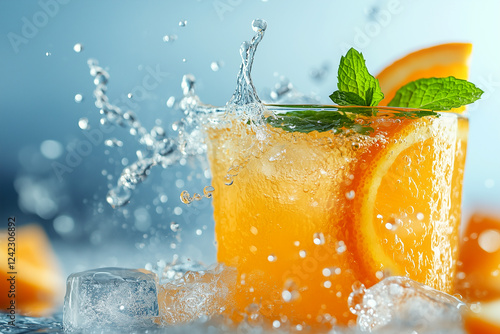 A vibrant splash of orange juice with ice cubes and fresh mint leaves, capturing energy and refreshment in mid-motion