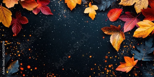 Autumn background with colorful leaves and black glittery autumn decorations on a dark background. Abstract fall template for design- banner- or postcard