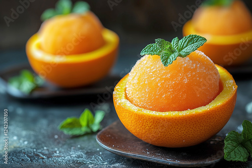 A refreshing scoop of orange sorbet served inside a hollowed-out orange, garnished with mint leaves for a vibrant summer treat